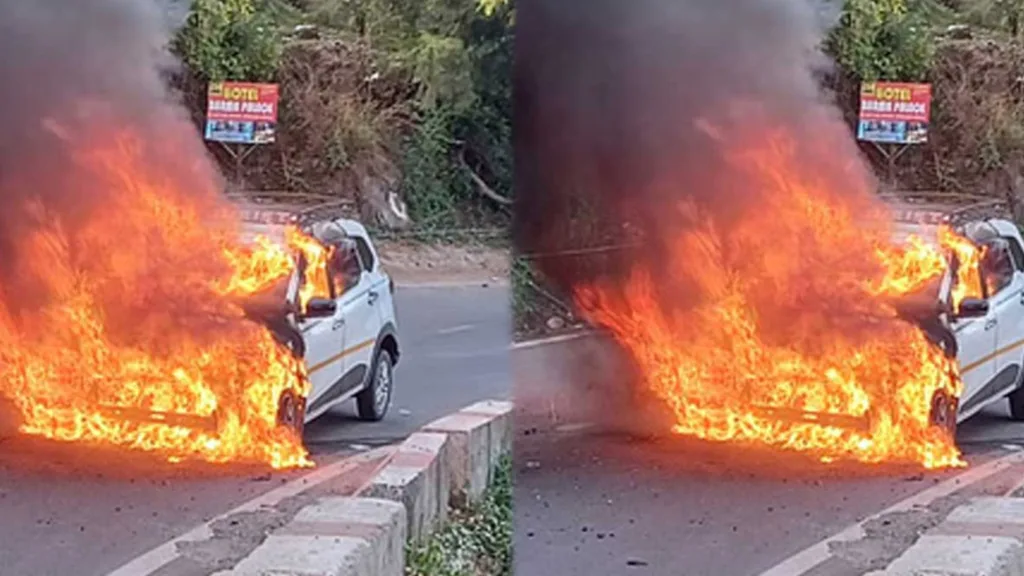 मसूरी में पर्यटकों की कार में लगी आग, मची अफरा-तफरी, चालक सहित छह लोग थे सवार।
