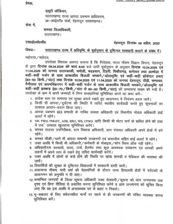 बड़ी खबर: बिगड़े मौसम के बीच इन जनपदों के लिए जारी हुआ अलर्ट, आज और कल तेज बारिश, तूफान की आशंका।