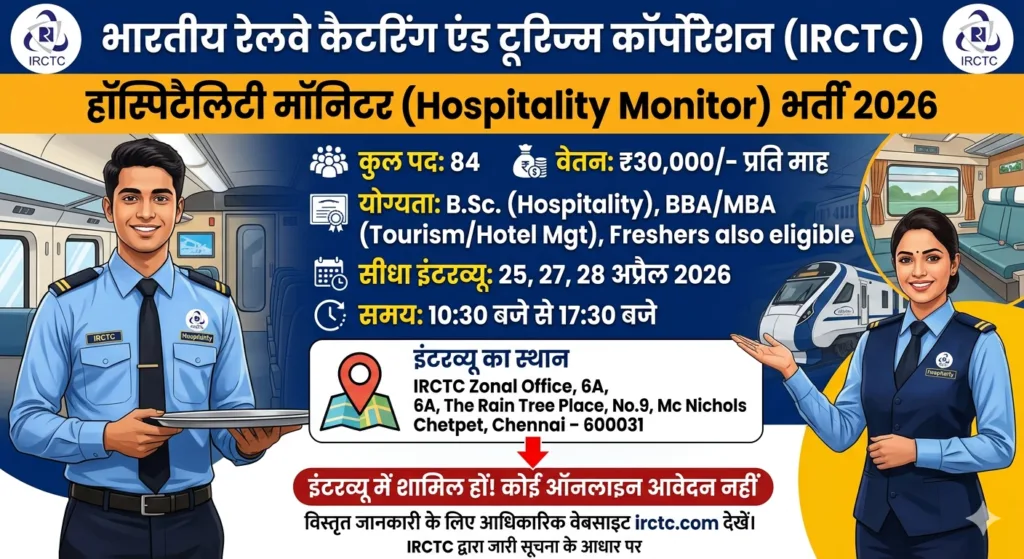 IRCTC Recruitment 2026: 84 पदों पर भर्ती, ₹30,000 सैलरी – बिना परीक्षा सीधा इंटरव्यू IRCTC Recruitment 2026